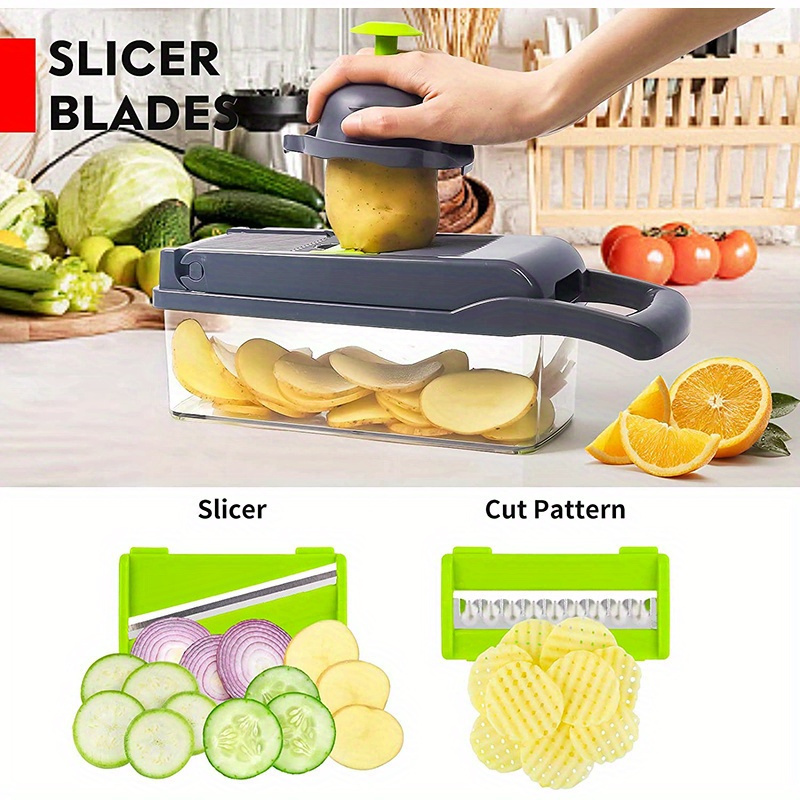 16 in 1 multifunctional manual vegetable chopper and fruit slicer set with container   onions carrots garlic more   abs plastic kitchen gadget with drain basket details 4