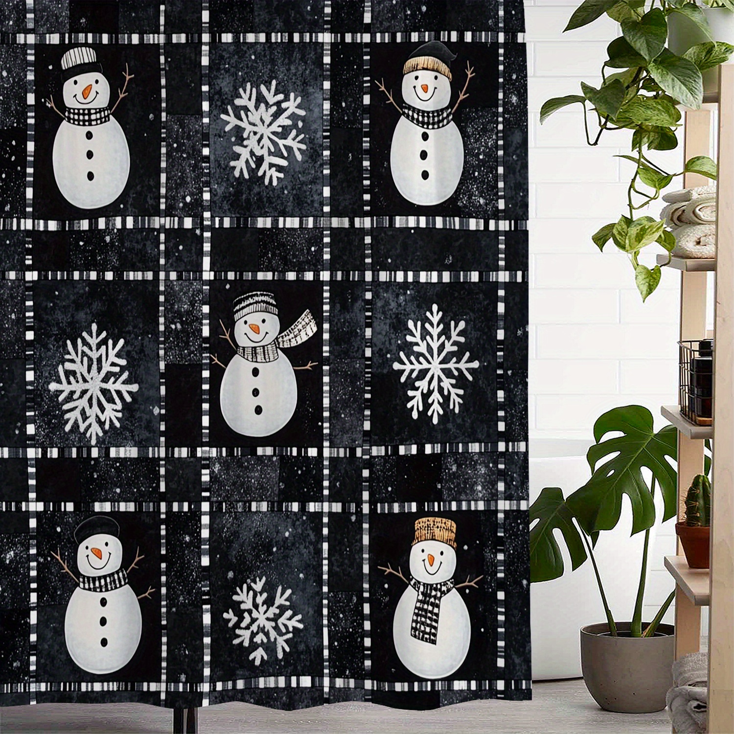 

Water-resistant Polyester Shower Curtain With Snowman And Snowflake Print, Machine Washable, Includes 12 Hooks, Woven Artistic Bath Curtain For Christmas Decor