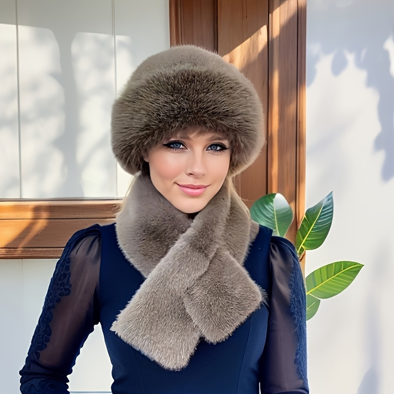 

Women's 2-piece Thick Warm Faux Fur Hat And Scarf Set, Polyester Knit Winter Ear Warmer Cap With Pull-on Closure, Fashionable Mongolian-style Solid Color Hand Wash - Urban Fall/