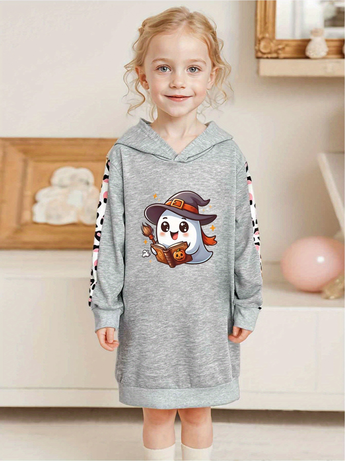 girls' loose hooded sweatshirt dress with cow print long sleeve, halloween  witch hat creative print -length casual hoodie dress - kids' fashion - Temu  Morocco