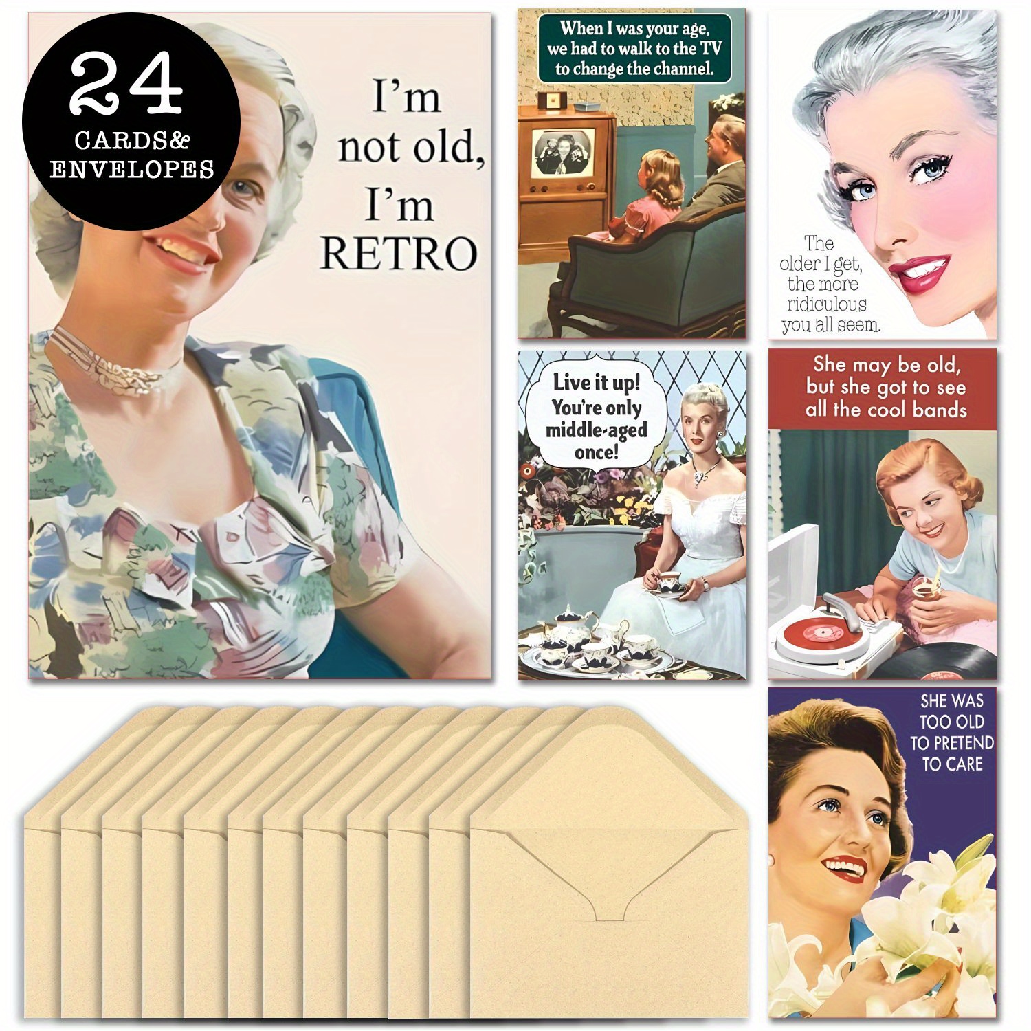 

24-pack Vintage-inspired Set With Envelopes, Assorted Nostalgic Greetings For Birthdays & , , No Feathers, Diverse Retro Themes & Patterns, Ideal For Family, Friends, And Colleagues