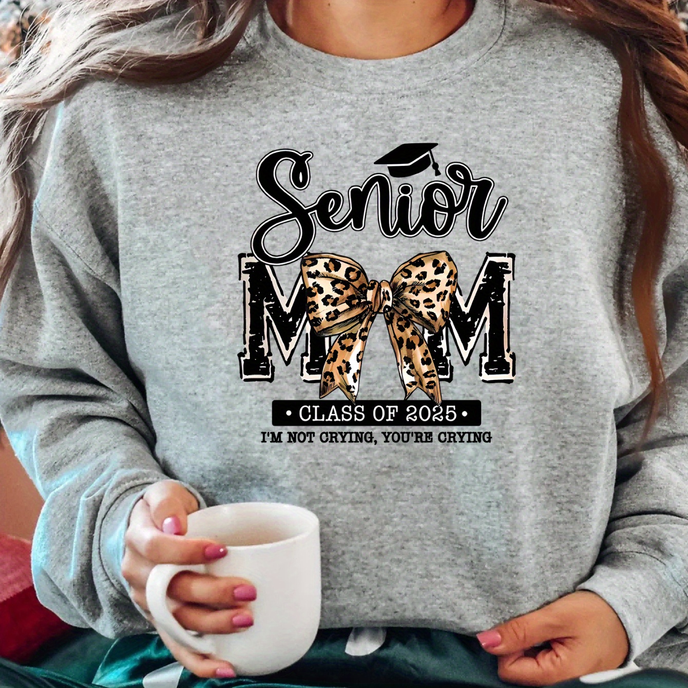 

Women' Mom Pullover Sweatshirt - Casual Crew Neck Knit Polyester Sweatshirt With Leopard Print Butterfly Bow Detail, All-season Long Sleeve Fashion Top