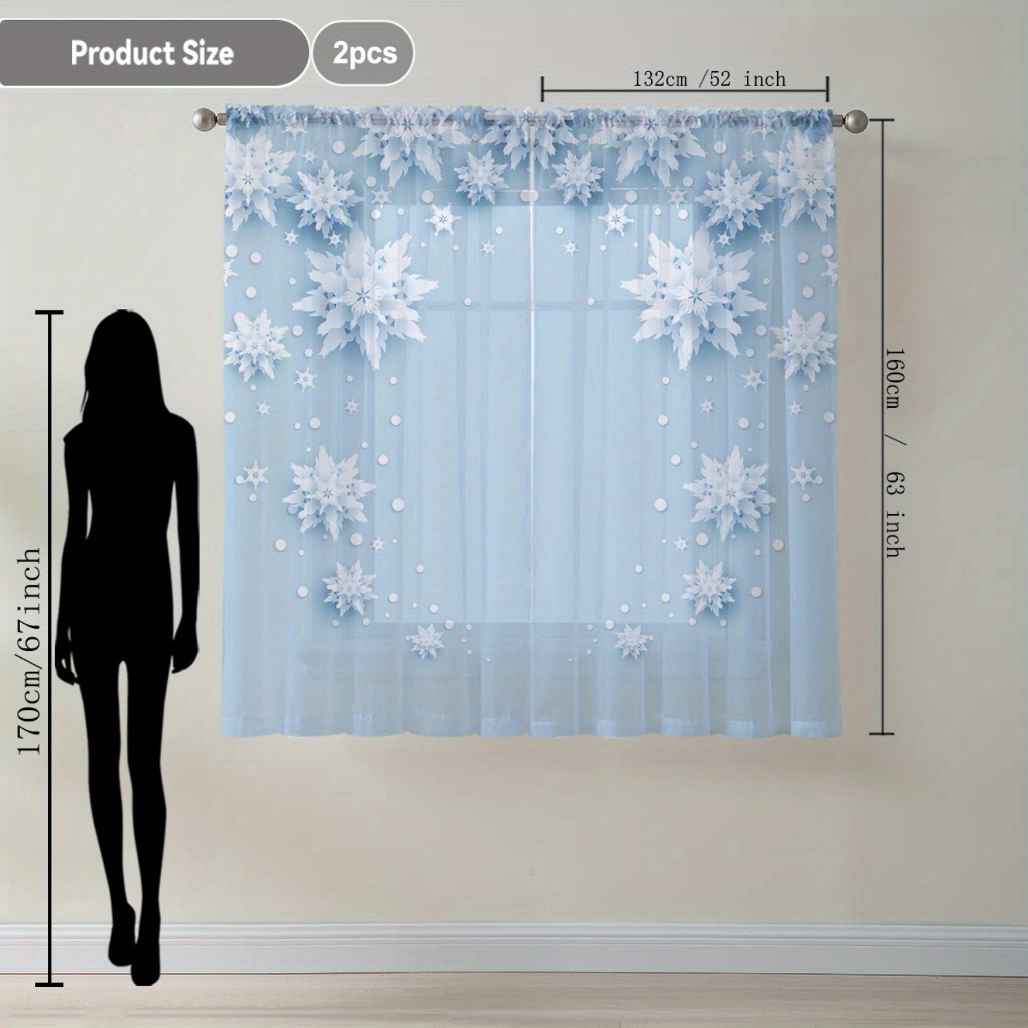 TEMU Launch 2pcs Home Decor Sheer Curtains In Light Blue With Christmas Snowflakes, Perfect For Window Drapes Suitable For Kitchens, Cafes, Living