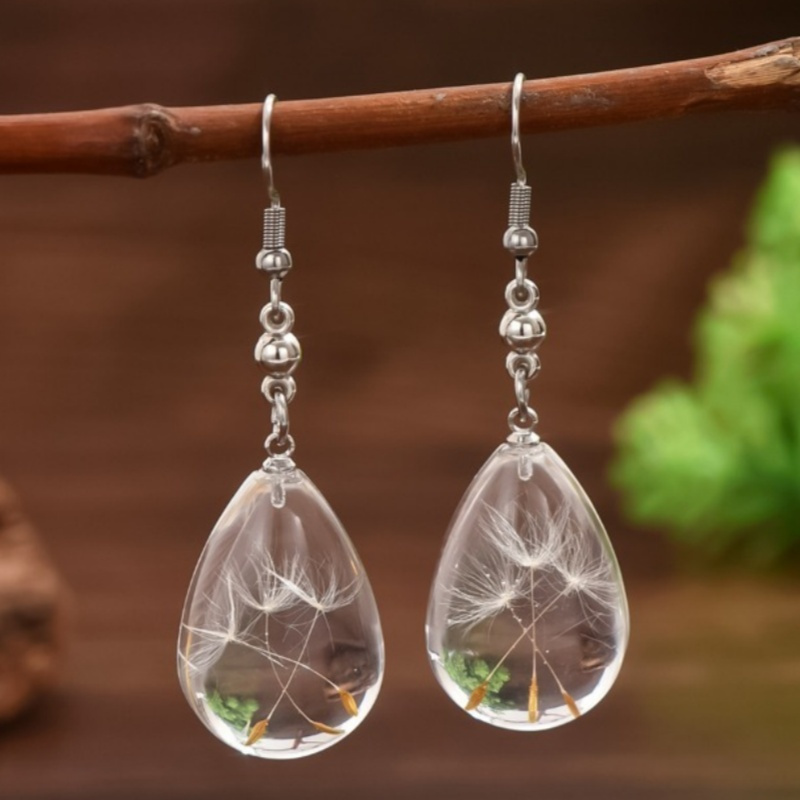 TEMU Elegant Resin Earrings Designed To Amber, Featuring Dried Flower Dandelions And A Droplet-shaped Charm, Perfect For Women