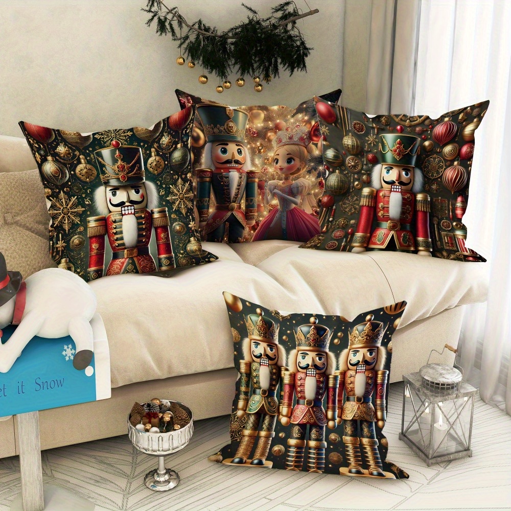 

4-pack Traditional Nutcracker & Bell Pattern Throw Pillow Covers, 18x18 Inch, Polyester Knit Fabric, Zippered, Machine-washable - Decorative Cushion Cases For Sofa, Bed, Living Room, Christmas Decor