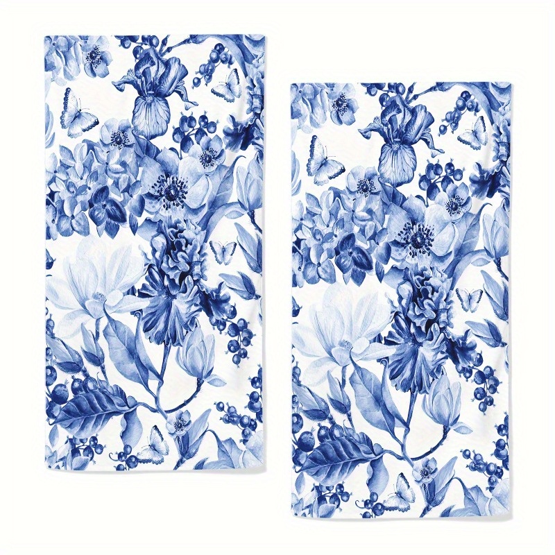 

2pcs Navy Floral Microfiber Towel Set - & Absorbent Hand And Face Towels For Bathroom, 18x26 Inches, Machine Washable