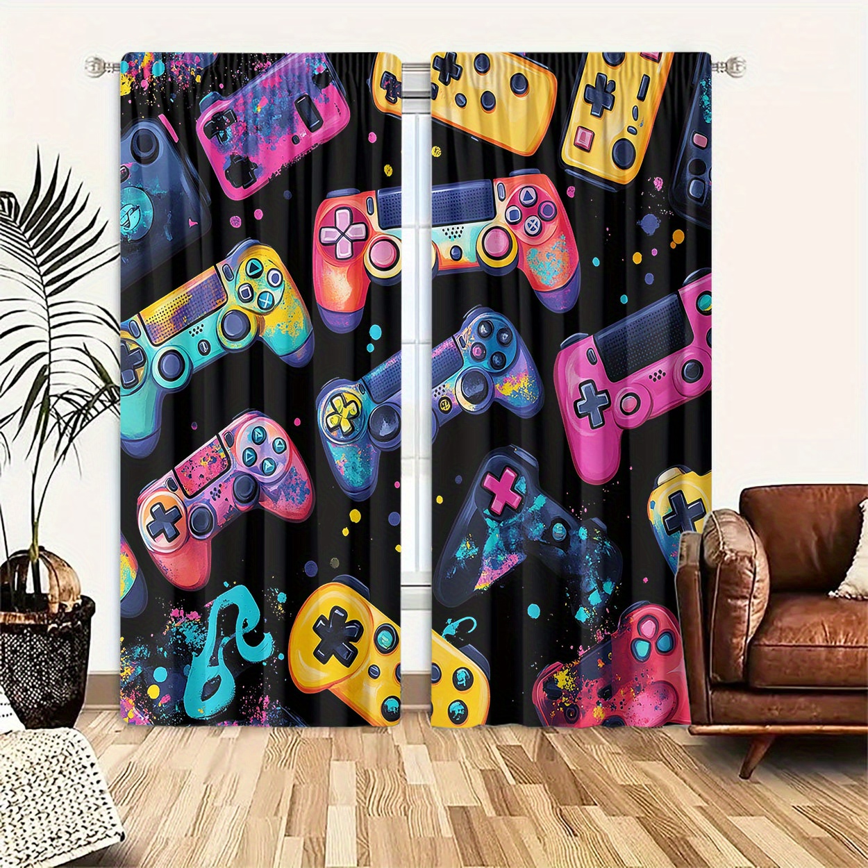 

2-pack Game Controller Printed Curtains, Polyester Rod -filtering Drapes For Bedroom And Living Room, Art Deco Velvet Panels, Fade-resistant Decorative Window Treatments