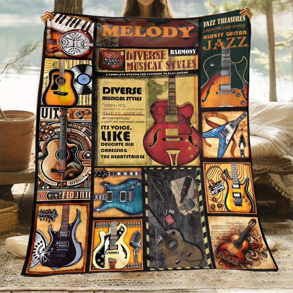 

Guitar Themed Flannel Fleece Throw Blanket - 1pc Lightweight, All-season Polyester Music Print Blanket For Sofa, Bed, Travel, Camping, Office - Uncharged, Plain Weave, Machine Washable