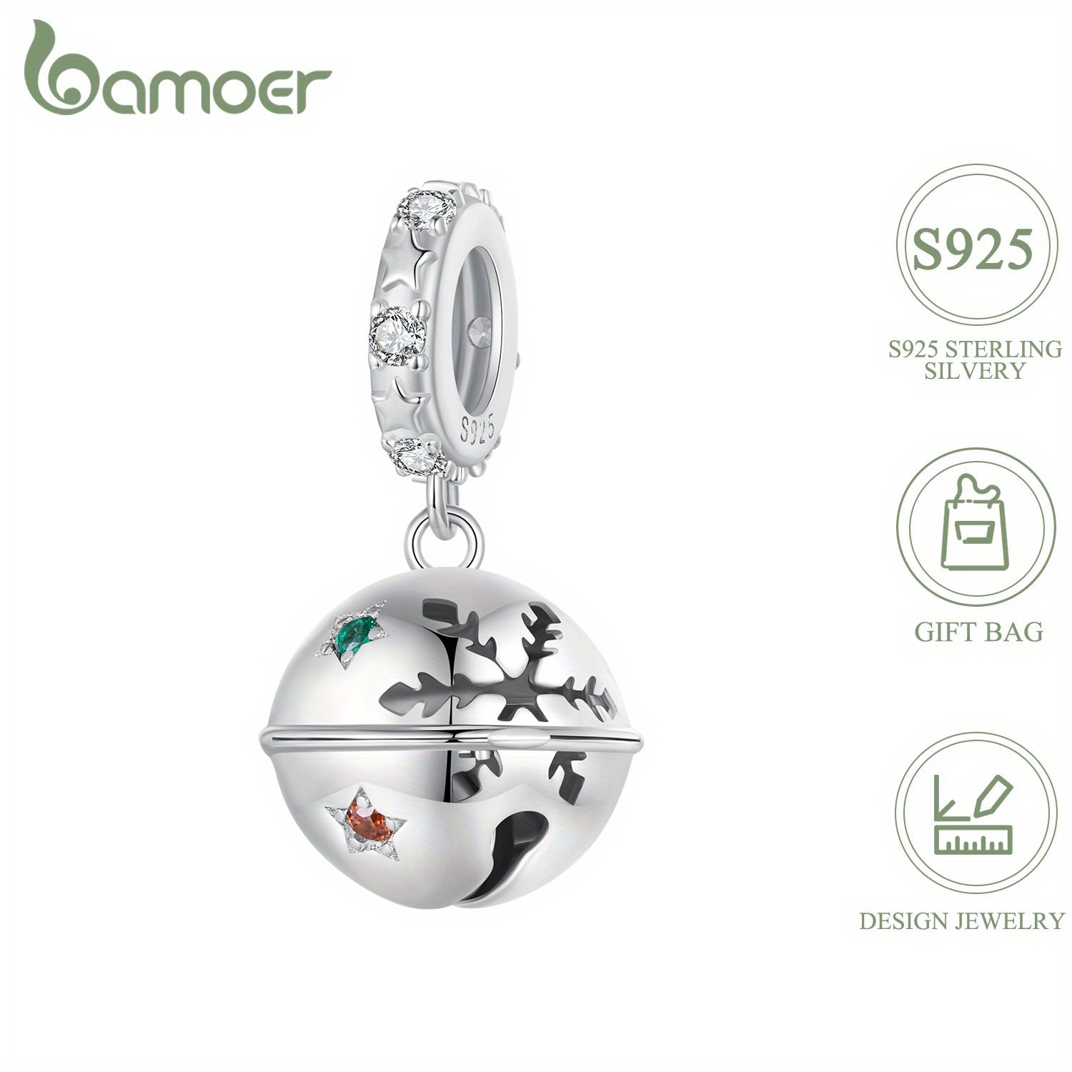 

Bamoer Christmas Charm Sterling Silver 925 Bell Pendant With Cubic Zirconia, Enamel Accents, Festive Jewelry For Bracelet Necklace, Gift Bag Included - 1pc