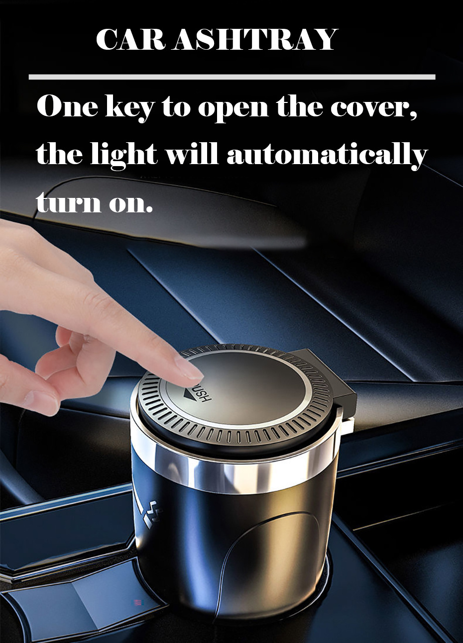 Multi-Functional Car Ashtray with Lid - Press-Button Operation & Built-In LED Night Light, Quiet Ashtrayer Suitable for Smokers, Vehicle Accessory for (No Spills, Compact)