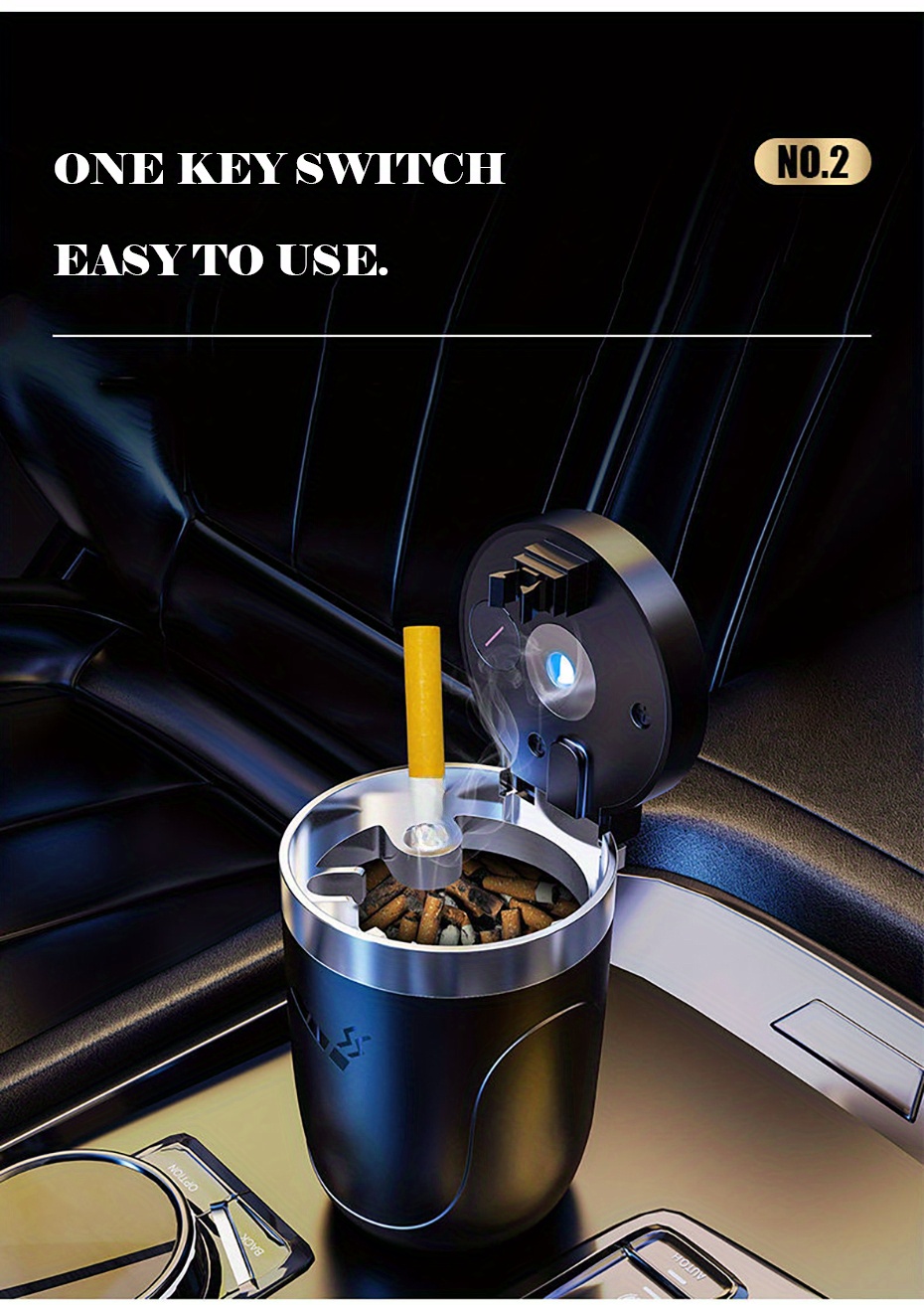 Multi-Functional Car Ashtray with Lid - Press-Button Operation & Built-In LED Night Light, Quiet Ashtrayer Suitable for Smokers, Vehicle Accessory for (No Spills, Compact)
