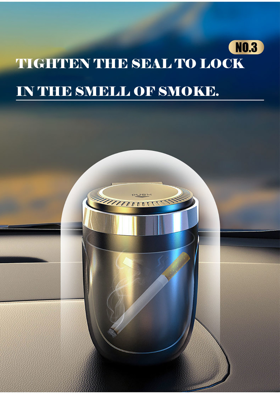 Multi-Functional Car Ashtray with Lid - Press-Button Operation & Built-In LED Night Light, Quiet Ashtrayer Suitable for Smokers, Vehicle Accessory for (No Spills, Compact)