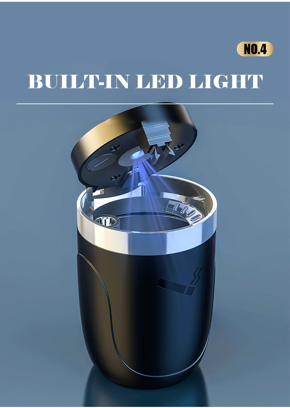 Multi-Functional Car Ashtray with Lid - Press-Button Operation & Built-In LED Night Light, Quiet Ashtrayer Suitable for Smokers, Vehicle Accessory for (No Spills, Compact)