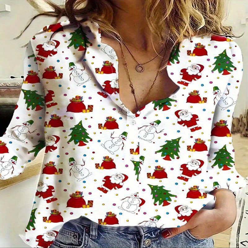 

Christmas Holiday Santa And Snowman Print Long Sleeve Shirt For Women - Casual Polyester Woven Button-up Shirt With Spread Collar - Non-stretch Fabric