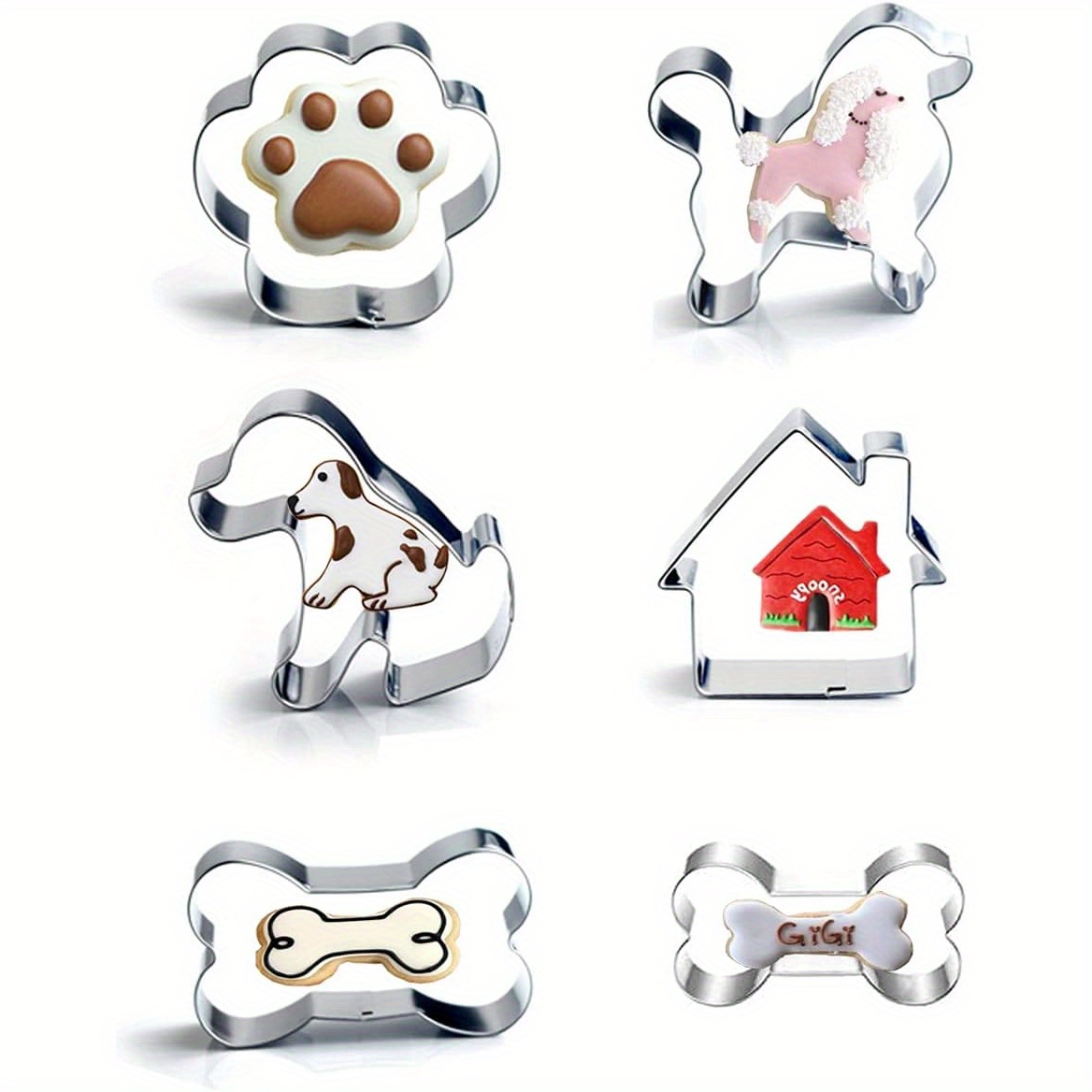 

Stainless Steel Dog-themed Cookie Cutter 6-piece Set - Paw Print, Puppy Shapes, Dog House, Bone Cutters For Biscuit Baking & Fondant Crafting