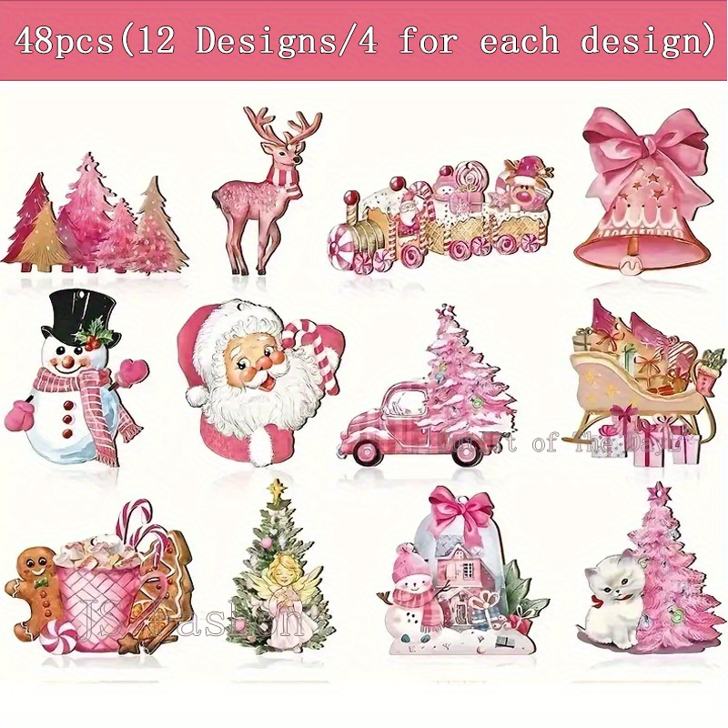 

48pcs With Hemp Rope Pink Christmas Tree Ornaments: Vintage Wooden Christmas Decor, Vibrant Pink With Santa, Snowman, Reindeer Ornaments, Christmas Tree Decorations For Party Scene Arrangement