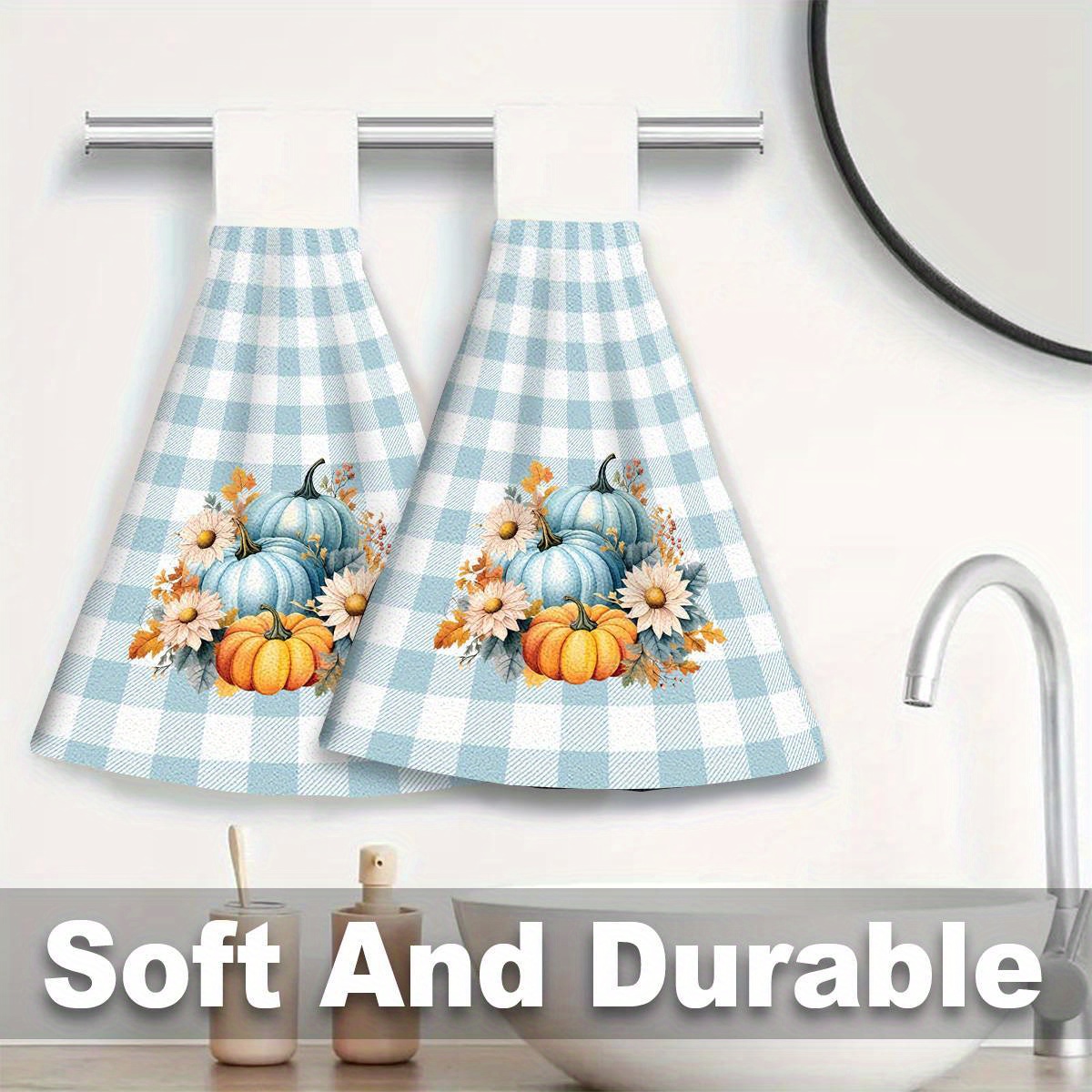 

2pcs Polyester Hanging Kitchen Towels Set - Lightweight Knit Fabric, Absorbent & Fast Drying Fingertip Towels With Cartoon Pumpkin Theme, Modern Style Weave, Decorative For Thanksgiving & Fall Season