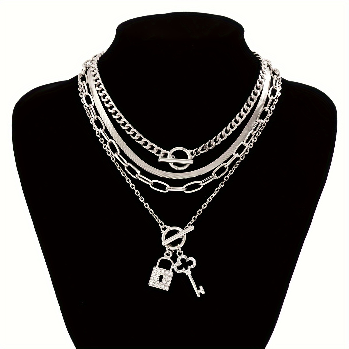 

4 Pieces/ Set Vintage Minimalist Flat Snake Chain Set Rhinestone Hollow Lock Key Metal Pendant Ot Clasp Set Personalized Cool Street Style Necklace