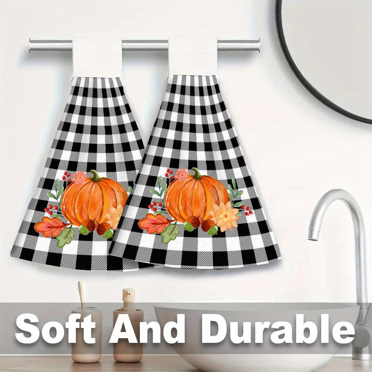 

2pcs Hanging Kitchen Towels Set - Autumn Pumpkin Plaid Design, Lightweight Knit Polyester, Cartoon Theme, Modern Style, Absorbent & Fast Drying, Easy Attachment, Decorative For Thanksgiving &