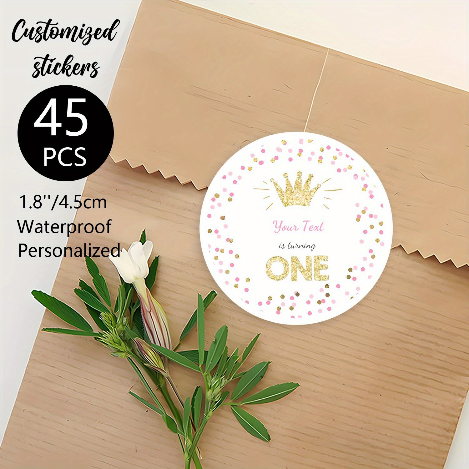 

45pcs Customizable 1st Birthday Stickers With Golden Crown And Glitter - Waterproof Paper Notecard Set For Personalized Celebrations, Party Tags, And Gift Strip Decorations