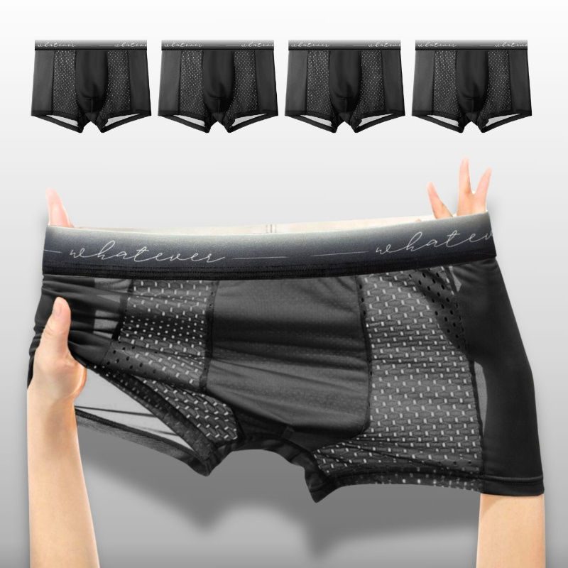 

4pcs Men' Boxer Briefs, Breathable Mesh Panel, Solid Color, Knit Fabric, Medium Stretch, 93% Polyester 7% Spandex, Comfortable With Letter Print Waistband