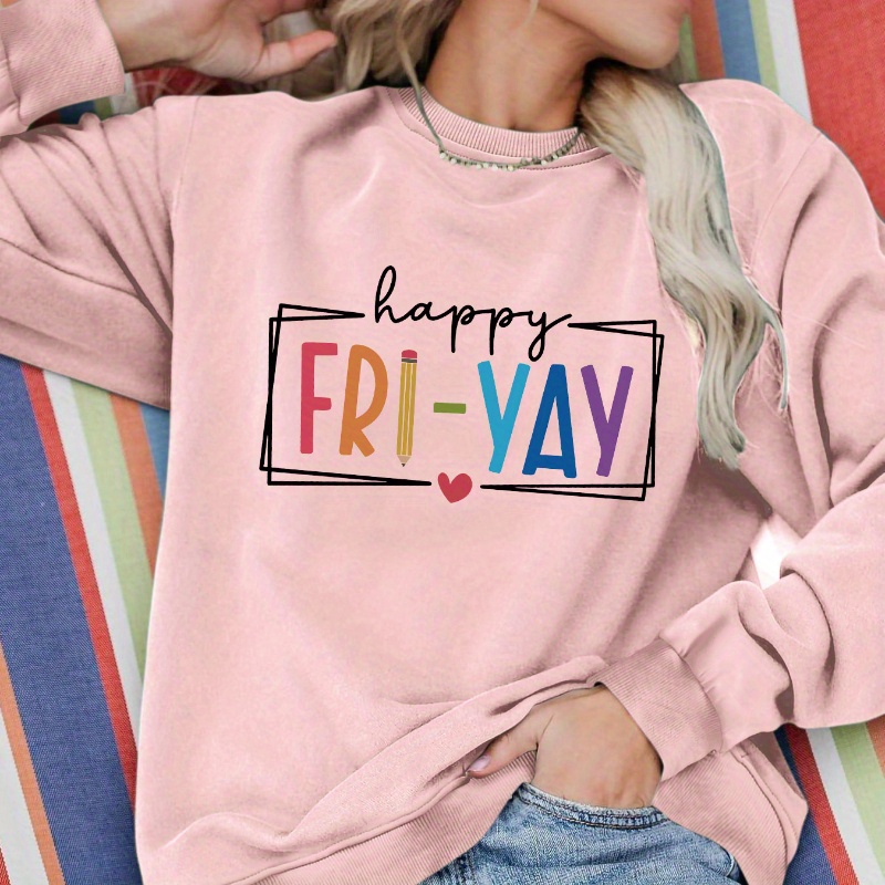 

Casual Crew Neck Long Sleeve Sweatshirt With "happy " Graphic Print, 100% Polyester Knit Fabric, Alphabet Pattern, Comfort Fit For Spring/fall - Women's Fashion Pullover
