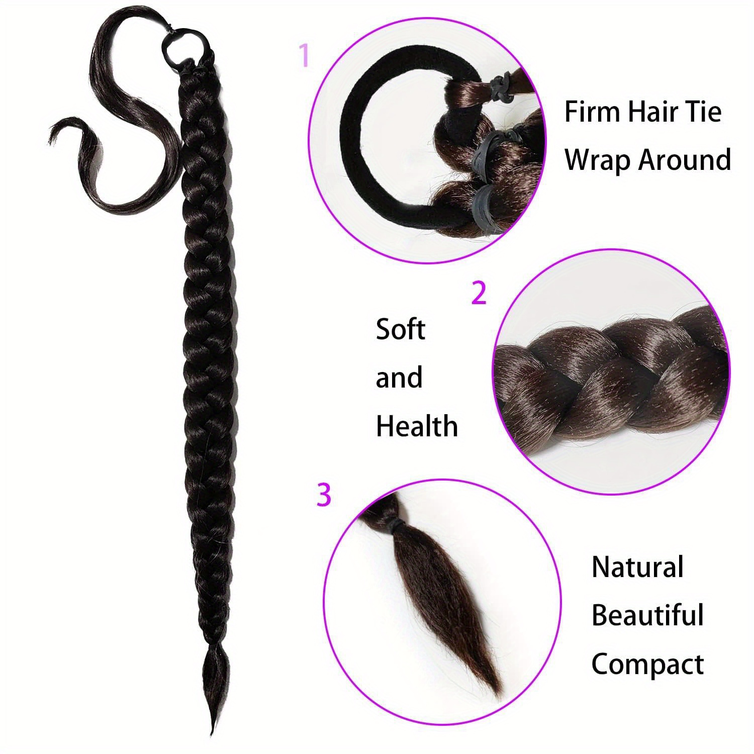 2pcs 30 inch long braided ponytail extension soft natural looking diy wrap around hair piece with hair tie straight synthetic hair for women and girls details 6