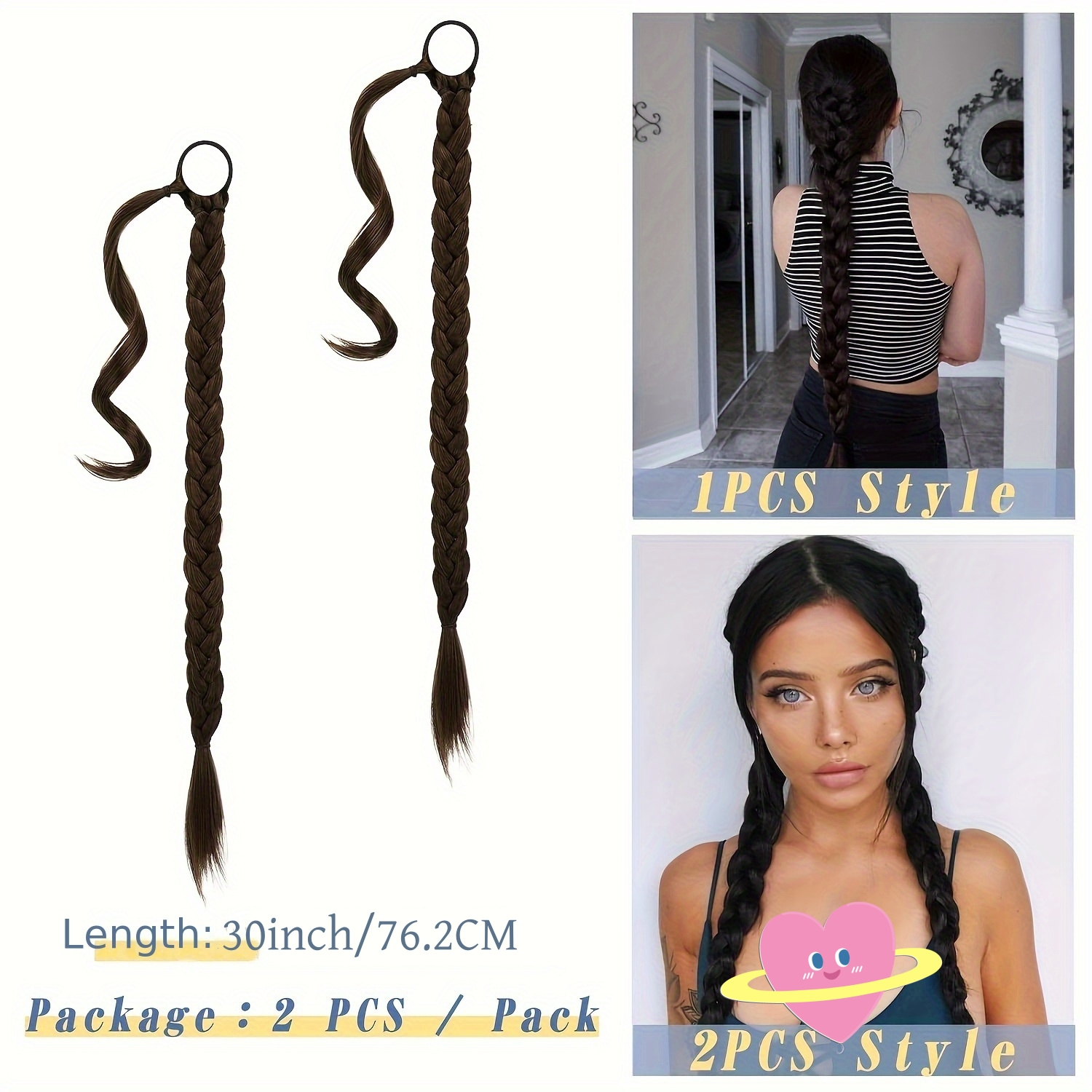 2pcs 30 inch long braided ponytail extension soft natural looking diy wrap around hair piece with hair tie straight synthetic hair for women and girls details 7