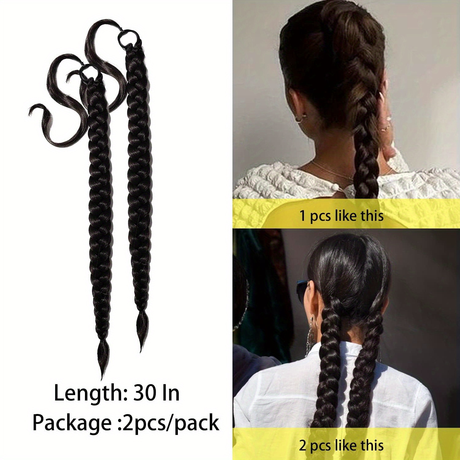 2pcs 30 inch long braided ponytail extension soft natural looking diy wrap around hair piece with hair tie straight synthetic hair for women and girls details 0