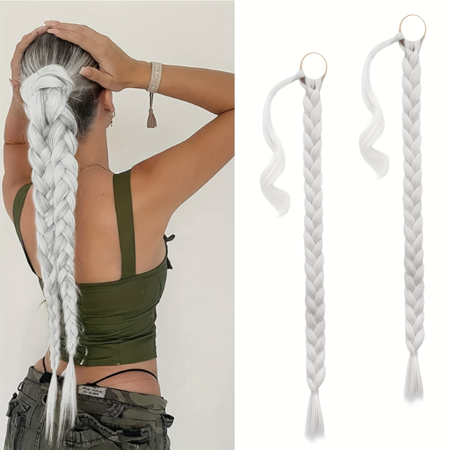 2pcs 30 inch long braided ponytail extension soft natural looking diy wrap around hair piece with hair tie straight synthetic hair for women and girls details 4