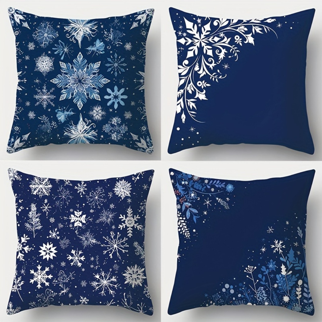 

4pcs Snowflake Themed Pillowcases - Christmas Decoration, Blue And White, Polyester Fabric, Home Decoration, 18*18 Inch, No Pillow Core