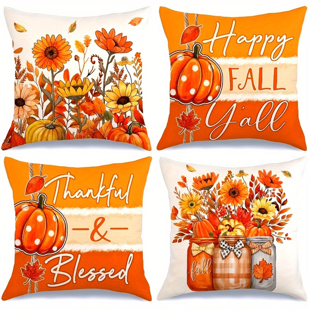 

4pcs Fall Thanksgiving Throw Pillow Covers - Rustic Farmhouse Decor With Pumpkin, Floral And Mason Jar Patterns - Polyester, Zipper Closure - Fall Homes And Living Rooms, No Inserts