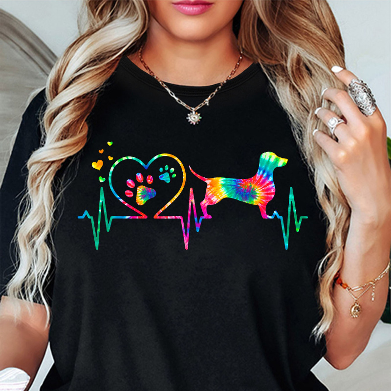 

Dachshund Ecg Printed Crewneck T-shirt, Spring & Summer Short-sleeved T-shirt, Sports Casual Everyday Top, Women's Wear