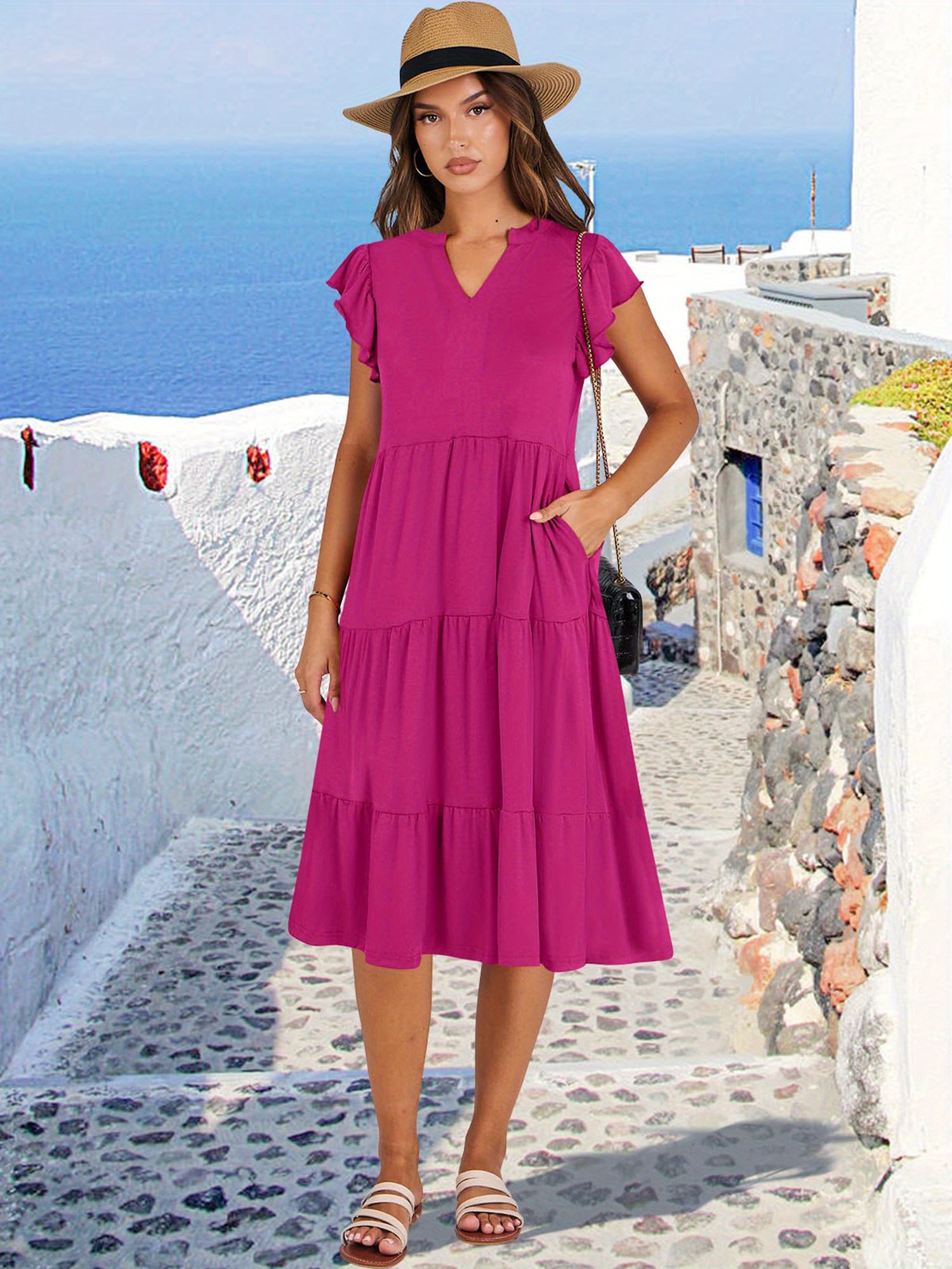womens summer ruffle sleeve v neck midi dress 2024 - Temu