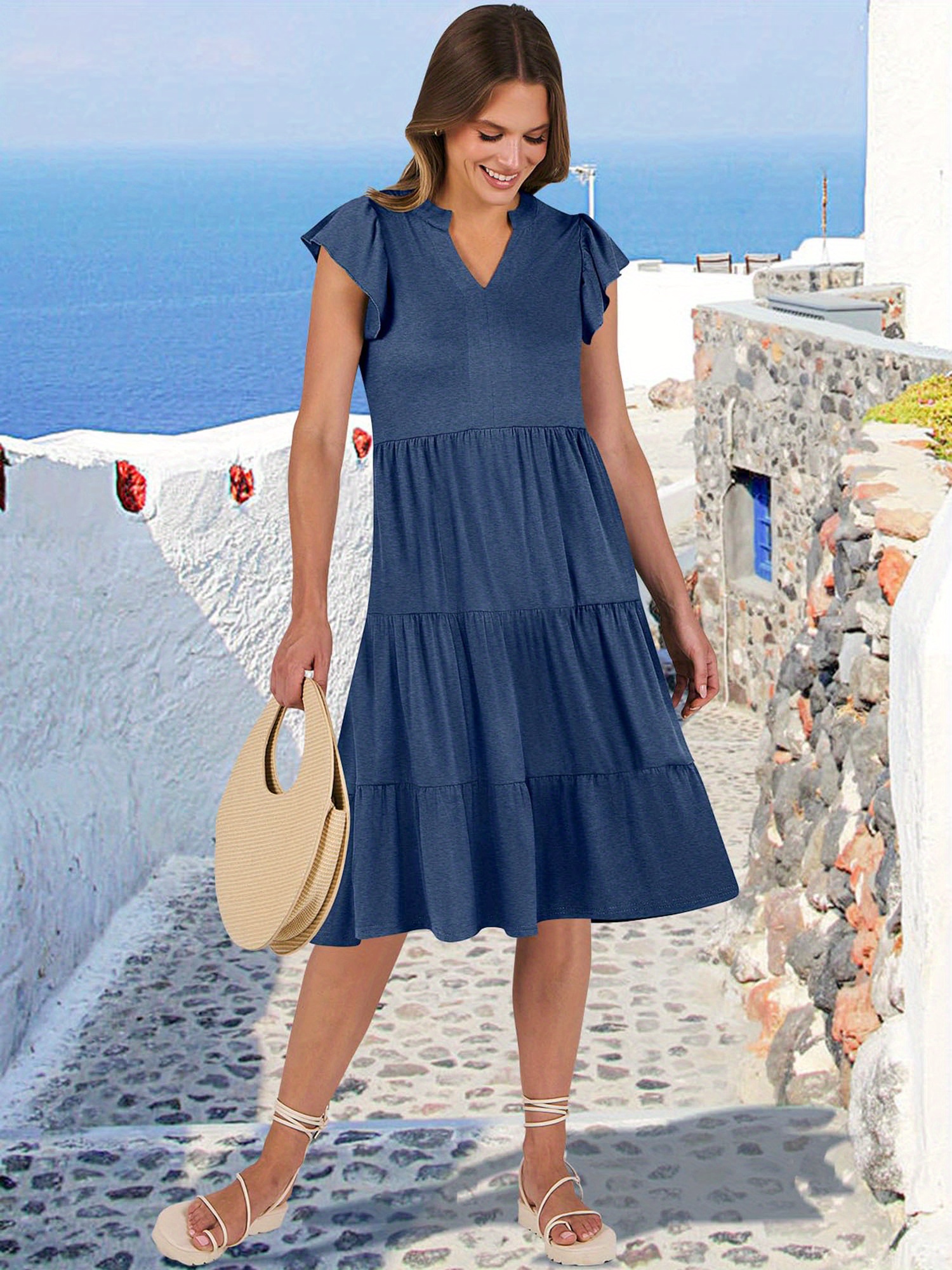 * Womens Summer Ruffle Sleeve V Neck Midi Dress 2024 Fashion Casual Fit  Flowy Tiered Boho Beach Vacation Sundress