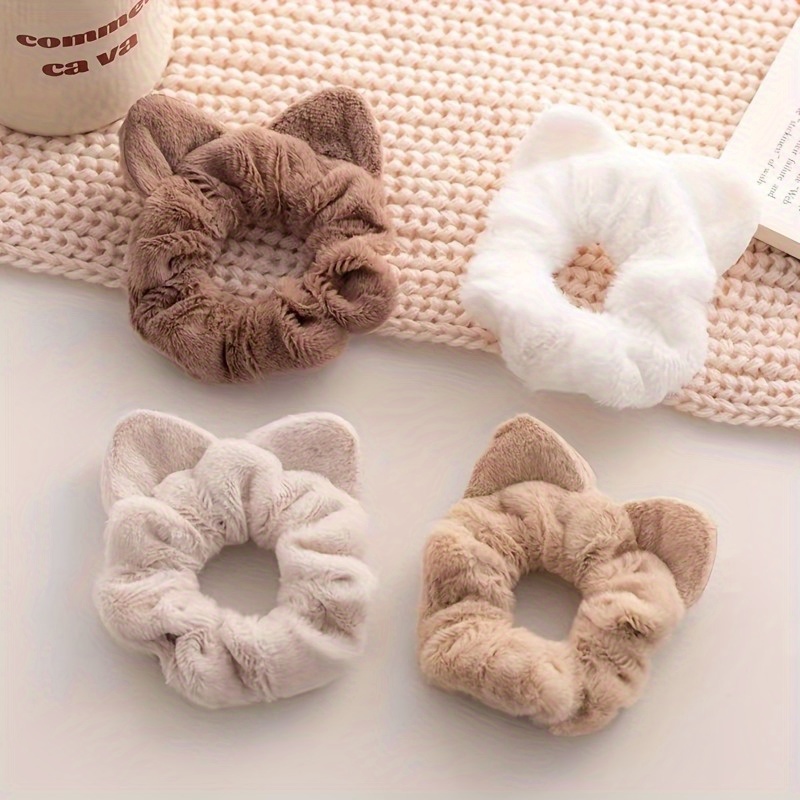 

Single Piece Cute Cat Ear Fluffy Hair Tie, Fabric Scrunchie With Spiral Design, Solid Color Hair Accessory For Ponytails And Buns, For 14+