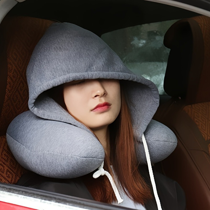 ergonomic u shaped travel pillow with hoodie multipurpose adjustable neck support for comfortable airplane napping cozy car trips and relaxing bus   for adults 18 soft polyester filling hooded neck cushion red black grey details 0