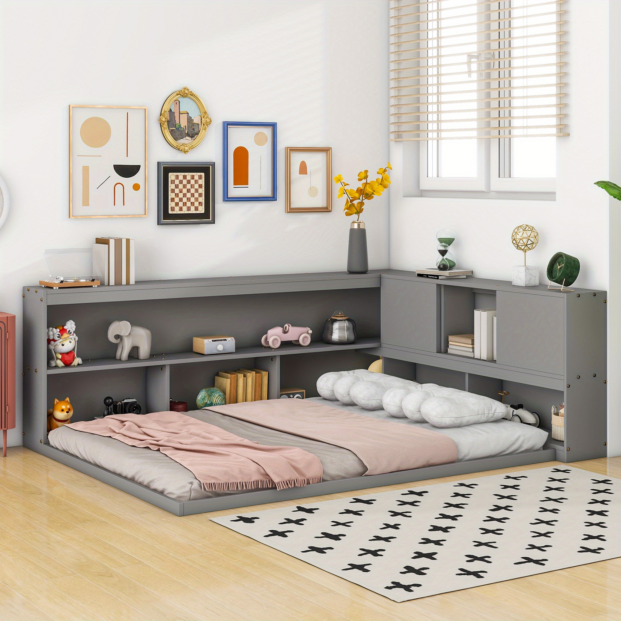Anwick Full Floor Bed with L-shaped Bookcases, sliding doors, without slats