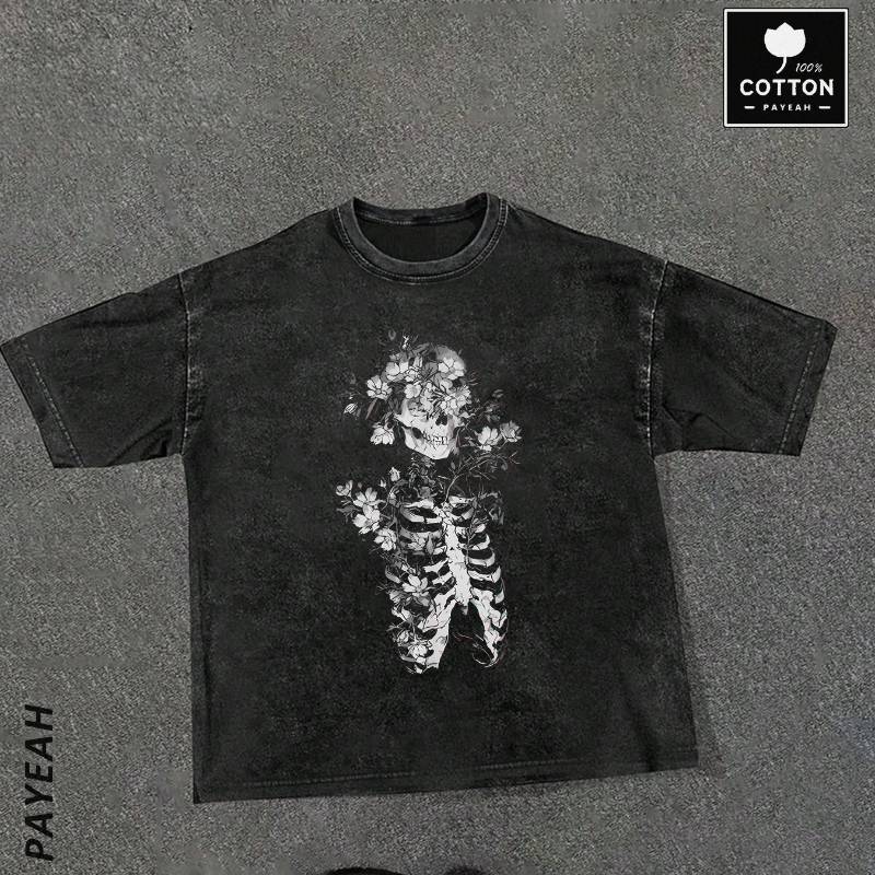 

Floral Skeleton Flowers Goth Occult Death Dark Alt Aesthetic Print T-shirt Vintage Washed T-shirt