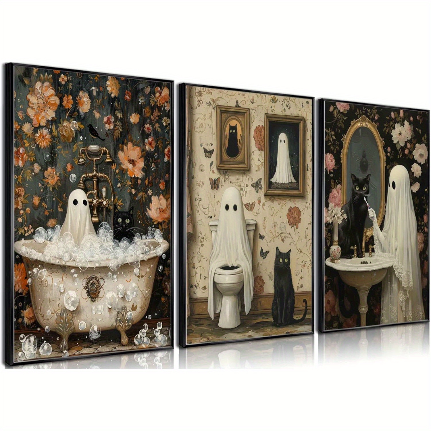 

2d 3pcs Halloween Canvas On Toiletblack Cat Funny Gothic Wall Decor Pictures Retro Horror Creepy Wrapped Prints For Home Decor(wrapped Canvas, 12x16inx3pcs)(wrapped Canvas)