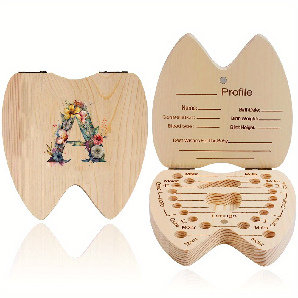 floral letter pattern wooden tooth storage box a   teeth souvenir for boys and girls details 3