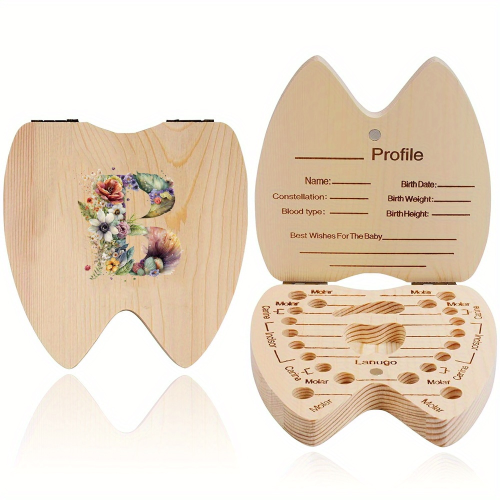 floral letter pattern wooden tooth storage box a   teeth souvenir for boys and girls details 4