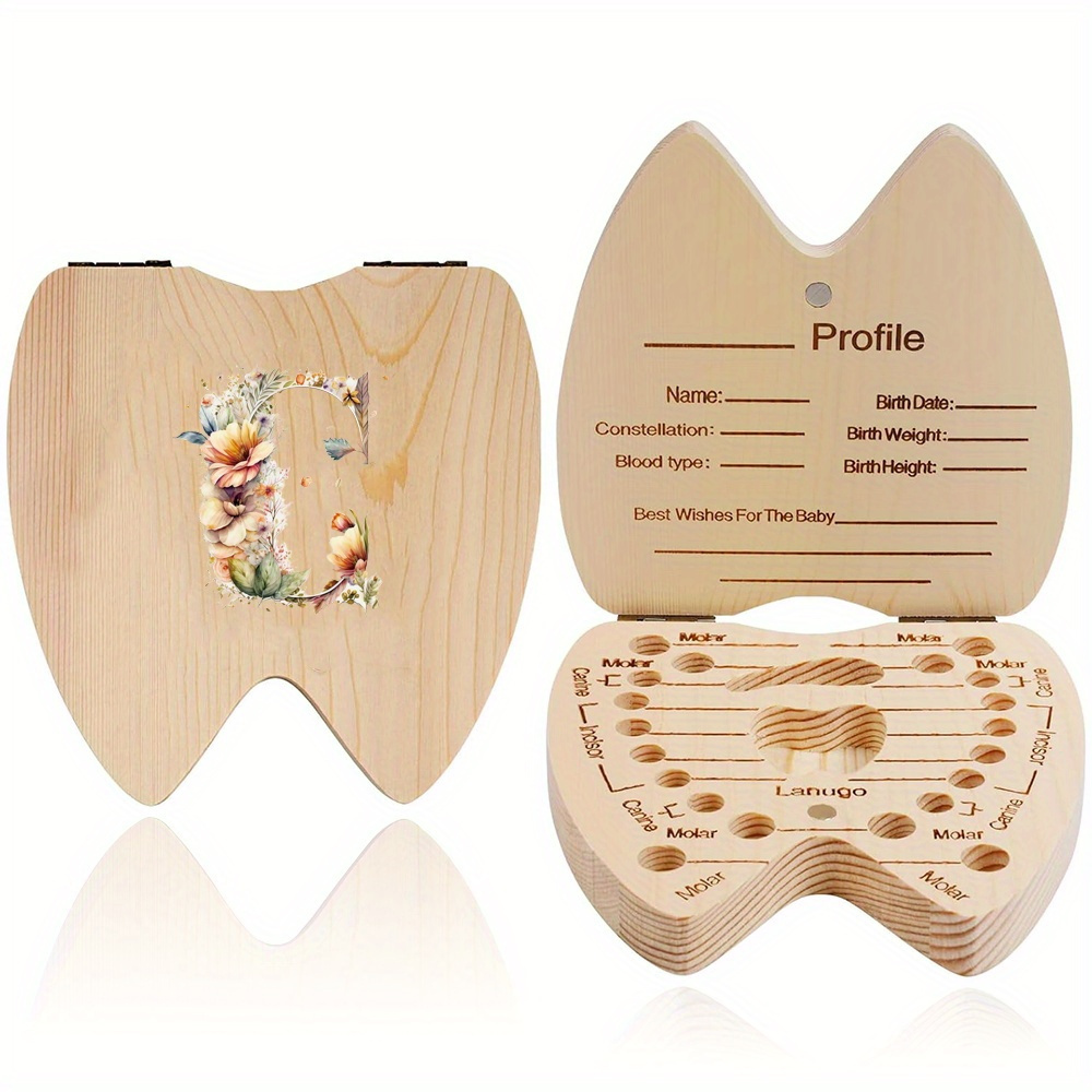 floral letter pattern wooden tooth storage box a   teeth souvenir for boys and girls details 5