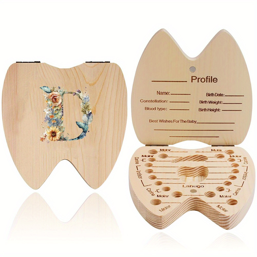 floral letter pattern wooden tooth storage box a   teeth souvenir for boys and girls details 6