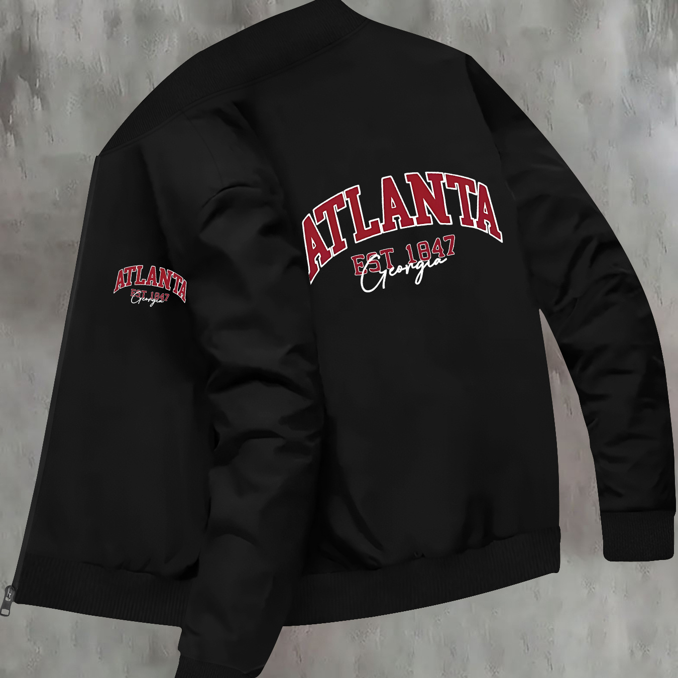 

Men's Casual College Style Jacket - Knitted Polyester, Machine Washable, High Collar, Atlanta Printed Pattern