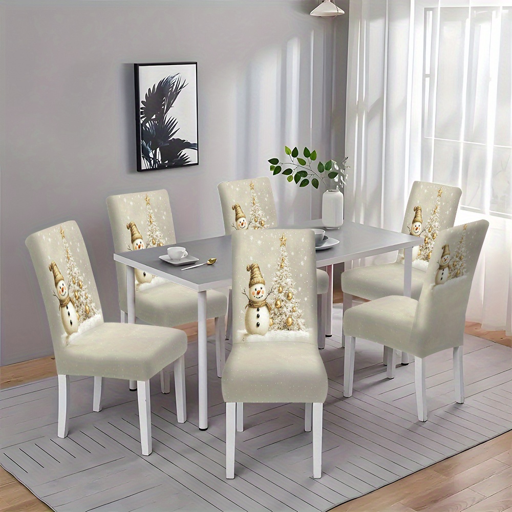 

2/4/6pcs Christmas Chair Covers, Golden Snowman Print, Stretchy Polyester Chair Pads, Soft Comfortable Dustproof Cushions For Dining Room & Living Room, Hand Wash Only