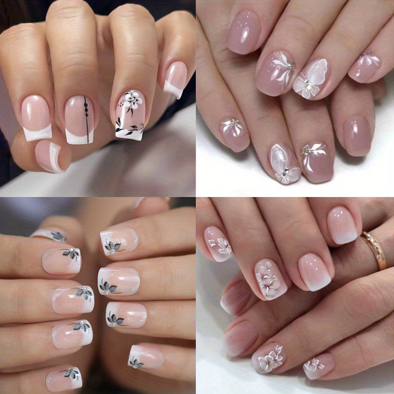 TEMU Set Of 96 (4 Packs) Glossy Short Pink Gradient Press-on Nails Featuring Floral Designs And Glitter Accents, With An Ombre Effect. Medium Short Coffin-shaped Reusable Fake Nails Have A Gel End