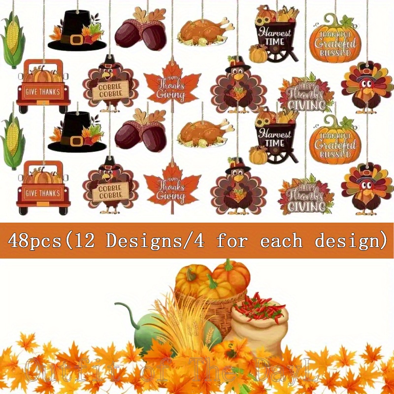 

48pcs Thanksgiving Autumn Wooden Ornaments For Tree Thanksgiving Turkey Pumpkin Maple Leaf Truck Hollow Out Thanksgiving Decoration Hanging Autumn Wooden Ornaments For Home Party, Included Hemp Rope