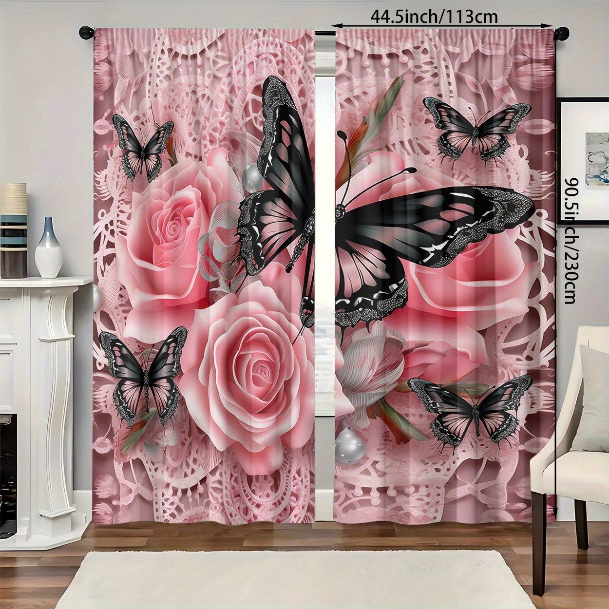 TEMU 2pcs, Polyester Material, Hd Digital Pink Floral Print, Light Filtering Curtain, Suitable For Bedroom, Living Room, Office And Home Decoration,