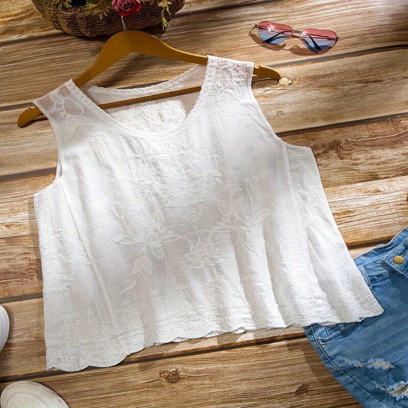 

Elegant Floral Embroidered Tank Top For Women - Casual Loose Fit, Breathable Polyester, Semi-sheer, Spring/summer